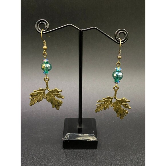 Leaf & Iridescent Aqua Green Crystal Bead Earrings by Neanie-Bot - Picture 2 of 2